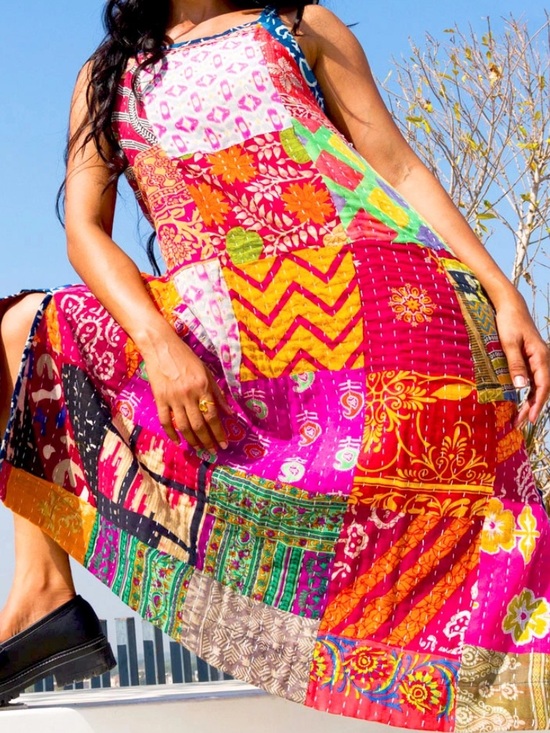 Sevya Handmade Dresses & Skirts - Reversible KANTHA cotton Vibrant Patchwork Sundress- Multicolor